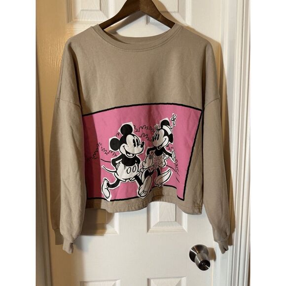 Disney Mickey Minnie Mouse Cropped Sweatshirt Womens Medium Love Beige Pink‎ Top - Picture 1 of 6